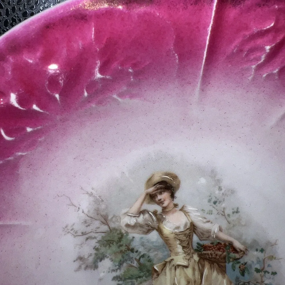 Antique Royal Bavarian‎ Flow Pink Gold Gilt Bowl Maidens Swan Scene Germany